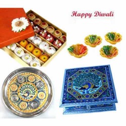 Puja thaali, sweets box dry fruit box and diyas